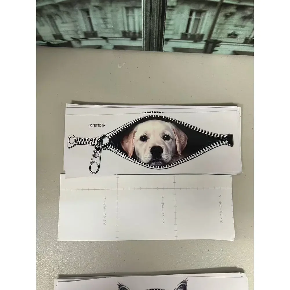 3D Cartoon Pet Peeking Window Decal with Zipper View